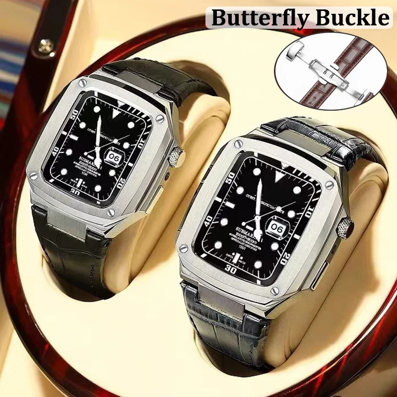 

Genuine Leather Modification Kit Cover for Apple Watch 41mm 44mm 45mm Metal Frame Stainless Steel Case For iwatch 7 6 5 4 SE