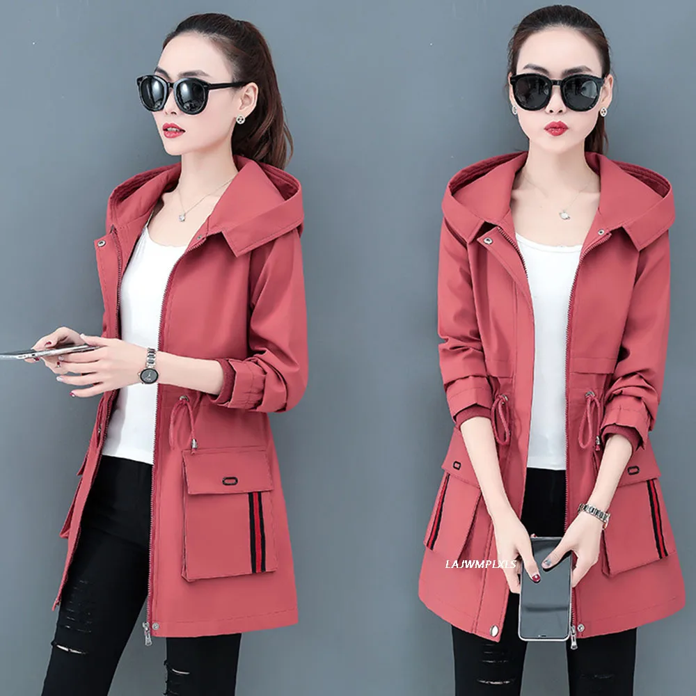 

Повседневный Женский Тренч средней длины 2022, Весенний Новый плащ с капюшоном и поясом на молнии, верхняя одежда, плащ-ветровка, куртка 4XL