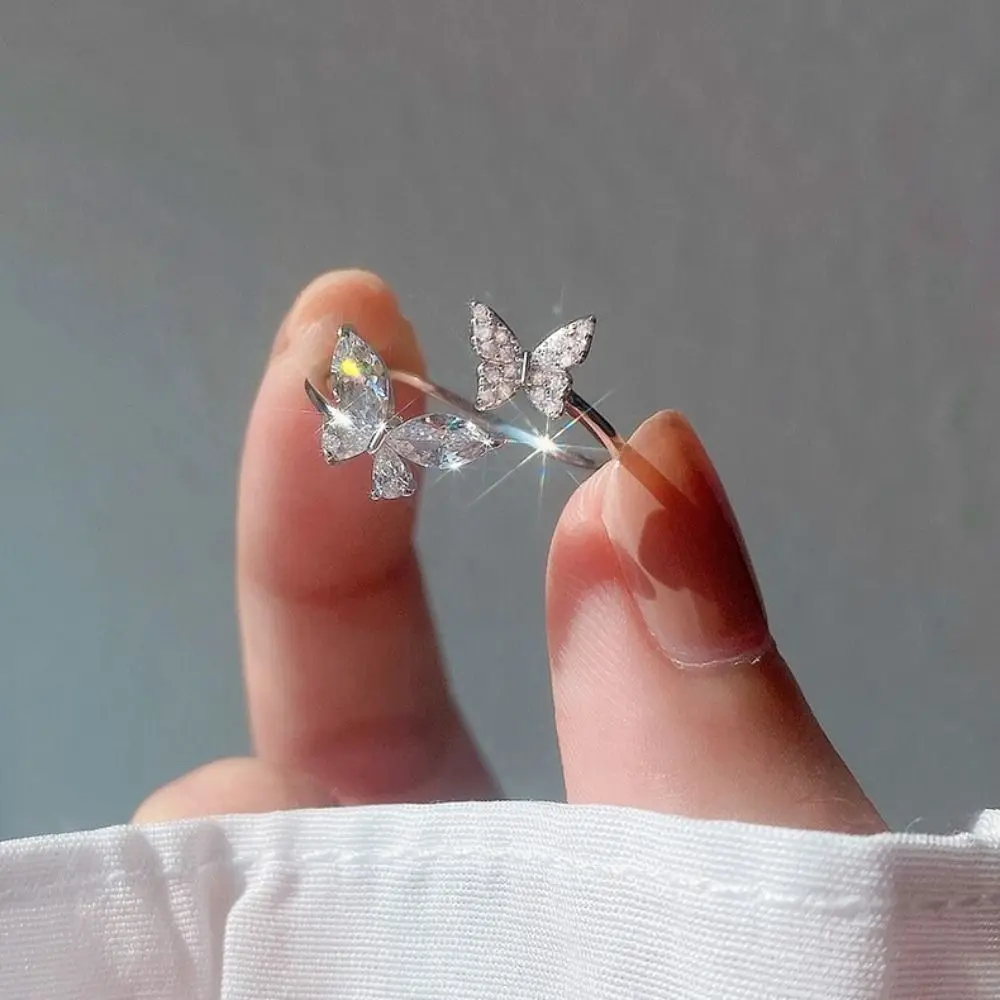 

Shiny Cute Crystal Butterfly Zircon Rings for Women Girls Korean Minimalist Wedding Ring Adjustable Silver Color Ring Jewelry