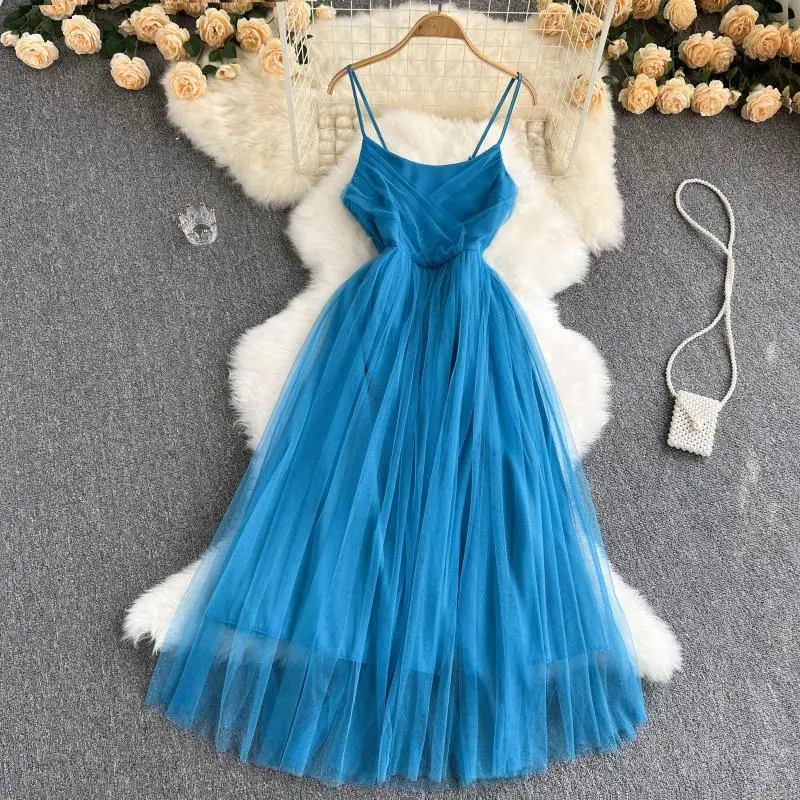 

2022 New Blue The Net Yarn Is Super Fairy And Sweet Vintage Boho Summer Dress Women Sleeveless Seasid Resort Style Maxi Dress