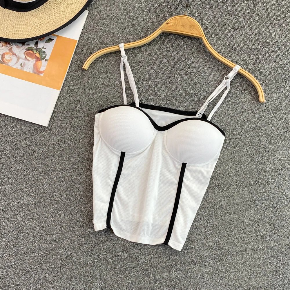 

Женский эластичный трикотажный корсет без рукавов, черный полосатый базовый топ с открытыми плечами и нагрудной подушкой, сексуальный белый корсет, летняя мода