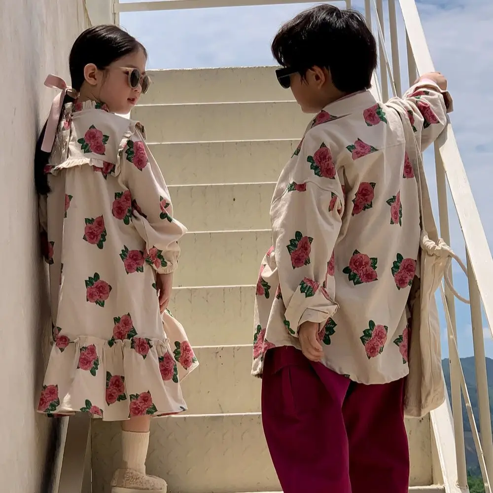 

2023 New Autumn Kids Boutique Clothing Korean Dress Patchwork Turn Down Collar Casual Fashion All-match Sweet Floral Printed