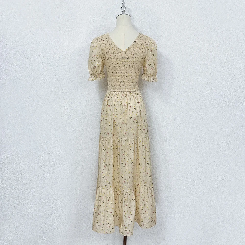 

2023 Spring/Summer Cotton Printed Bubble Sleeve V-Neck Elastic Chest Dress woman dress summer dress