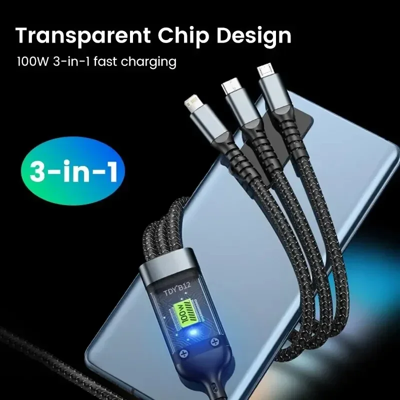 Кабель для передачи данных 3-в-1 100 Вт быстрая зарядка USB-кабель Type-C Micro