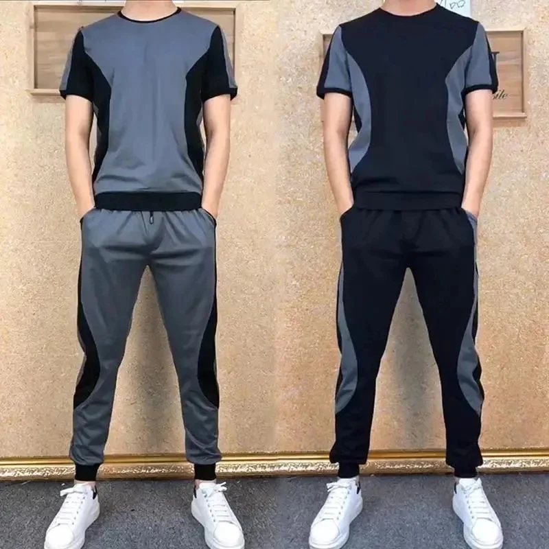 

New Arrival Men's Cool and Thin Short Sleeve T-shirt+Pant Two-Piece Set Solid Shirt+Trousers Home Suits Male Size M-5XL 957