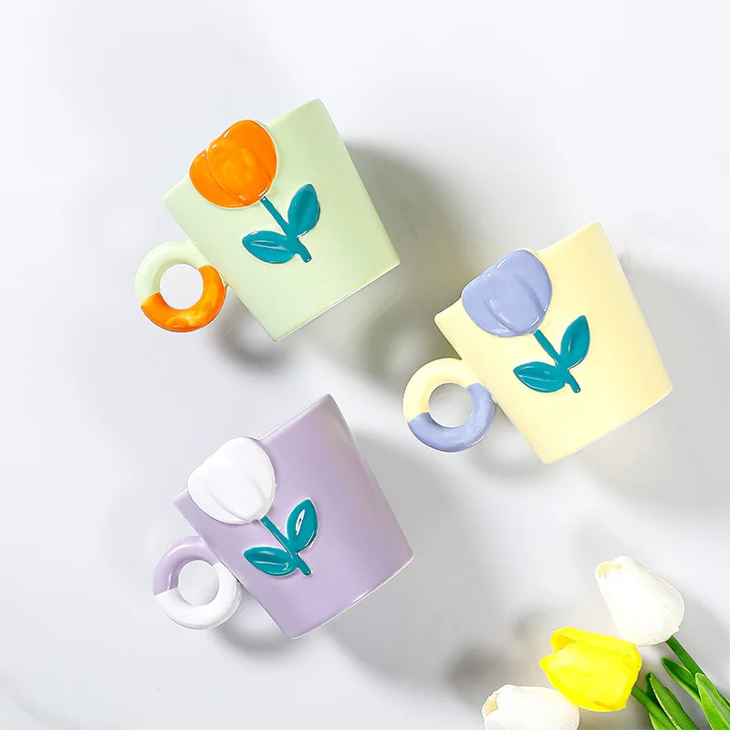 

Tulip Flower Mugs Coffee Cups Hand Painted Ceramic Mug with Straw Drinkware Milk Cup Mom Birthday Gift
