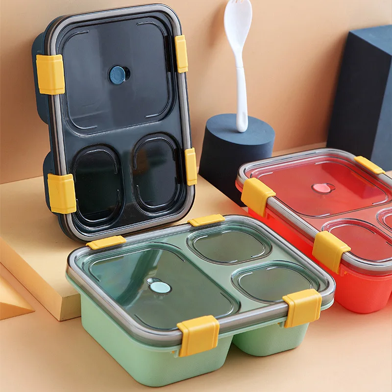 

Divided Bento Box Student Lunch Box Four Compartment Soup Box with Lid Plastic Cutlery Microwave Sealed Lunch Box