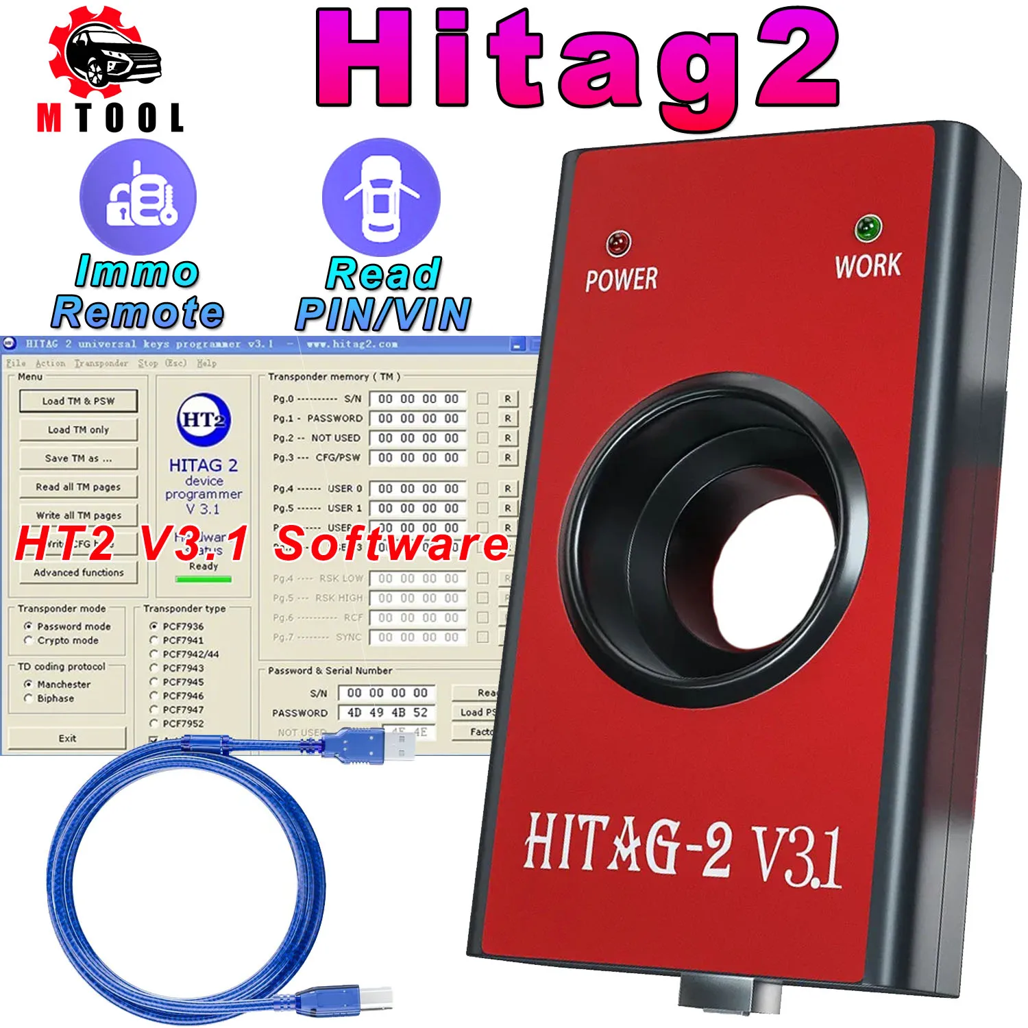 Hitag2 V3.1 Автомобильный ключ программатор OBD2 автомобильный диагностический инструмент HITAG 2 Универсальный транспондер Immo Дистанционное считывание PIN VIN