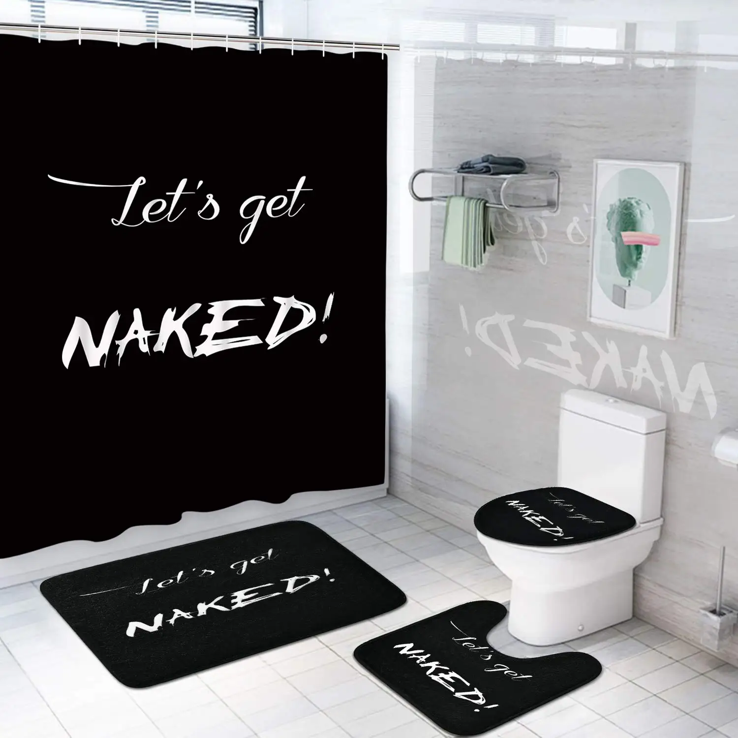 Фото Наборы занавесок для душа Get Naked с нескользящим ковриком, крышка для унитаза, коврик для ванной, сексуальные губы, набор занавесок для ванной комнаты, красный поцелуй, водонепроницаемый №2