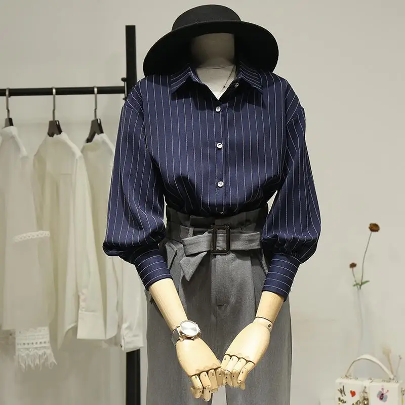 

Deeptown Korean Striped Women Blouses Casual Elegant Chic Lantern Three Quarter Sleeve Shirts Office Outfits Female Fashion Tops