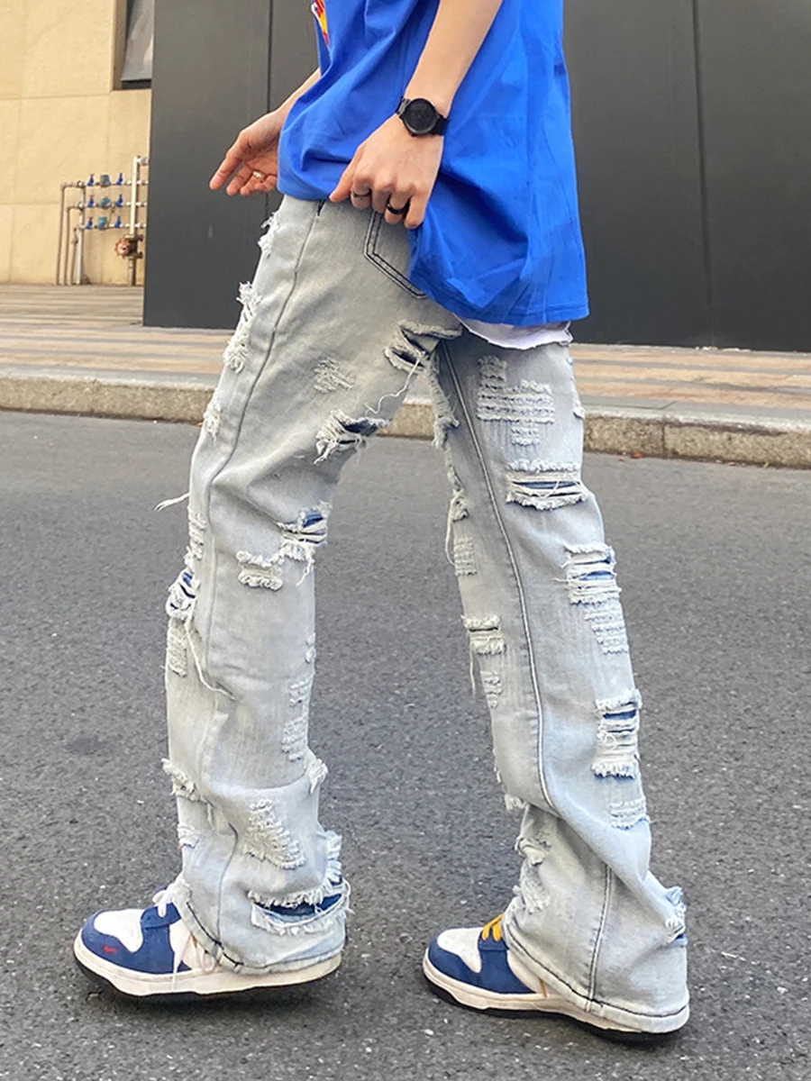 Stylish Men's Hip-hop Jeans with Distressed, Worn-out, Loose, and Wide-leg Design - Perfect for Skateboarding and Streetwear