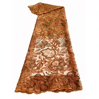 novelty high quality caramel african nigerian net lace beaded sequin floral embroidered tulle fabric for sewing traditional gown