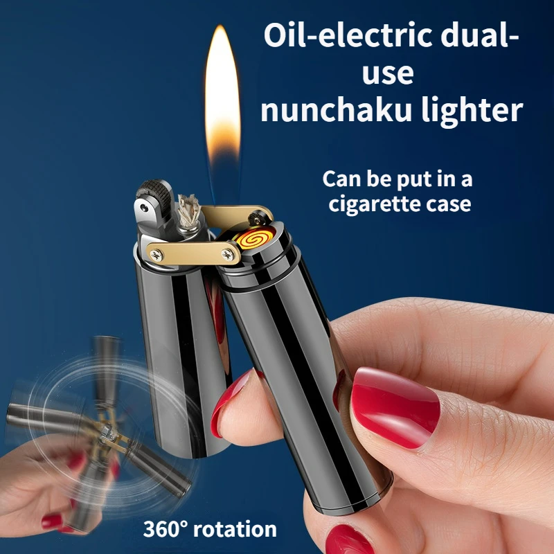 

New Oil-electric Dual-use Nunchaku Rechargeable Lighter Fingertip Decompression Artifact Can Rotate Creative Kerosene Lighters