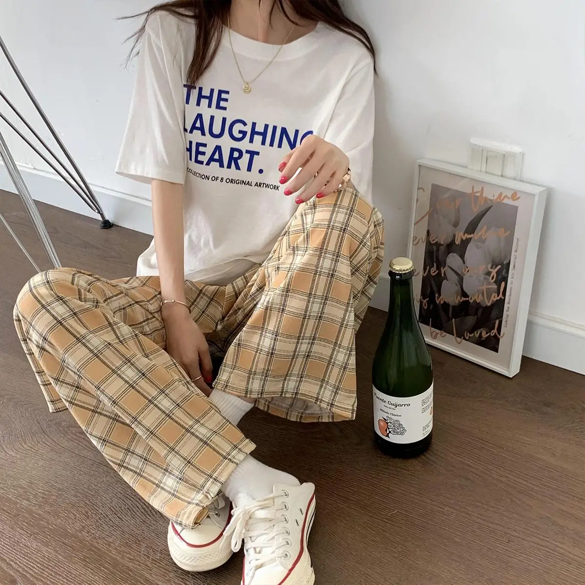 Spring and Autumn Preppy Style Female Students Plaid Pants Loose Straight Canister Elastic Waist Woman Casual Empired Trousers