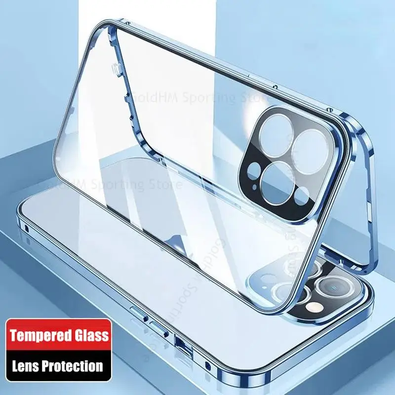 

For iPhone 14 Pro Max Tempered Glass Phone Case For Apple 13 12 Mini 11 Pro Max 360 Double Sided Magnetic Protective Flip Cover