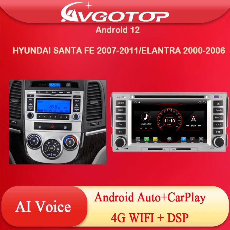 

2 DIN DVD Player Android 12 MTK Car Radio for HYUNDAI SANTA FE 2007-2011/ELANTRA 2000-2006 Wireless Carplay Wifi GPS Multimedia