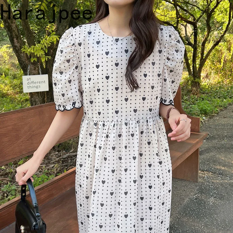 

Harajpee Round Neck Heart Print Dress Sweet Gentle Korean Chic Spring New Loose Short Puff Sleeve Contrast Color Long Dress