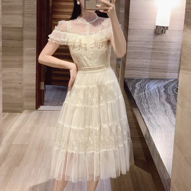 2024 Элегантное летнее Сетчатое кружевное платье средней длины абрикосового цвета