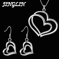 jinglin 925 sterling silver jewelry sets for women fine double heart earrings stud necklace 18 inch fashion party wedding girl g