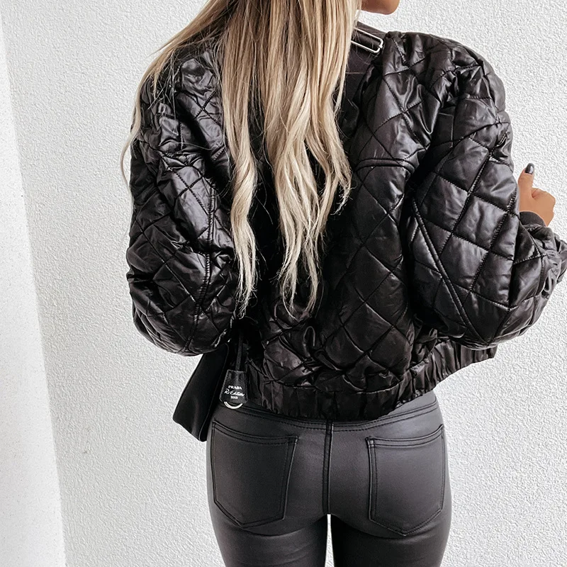 Winter Jacket Argyle Pattern Short Parkas 2022 Women's Female Warm Outerwear Stand Collar Zip Down Jacket Quilted Coats Black