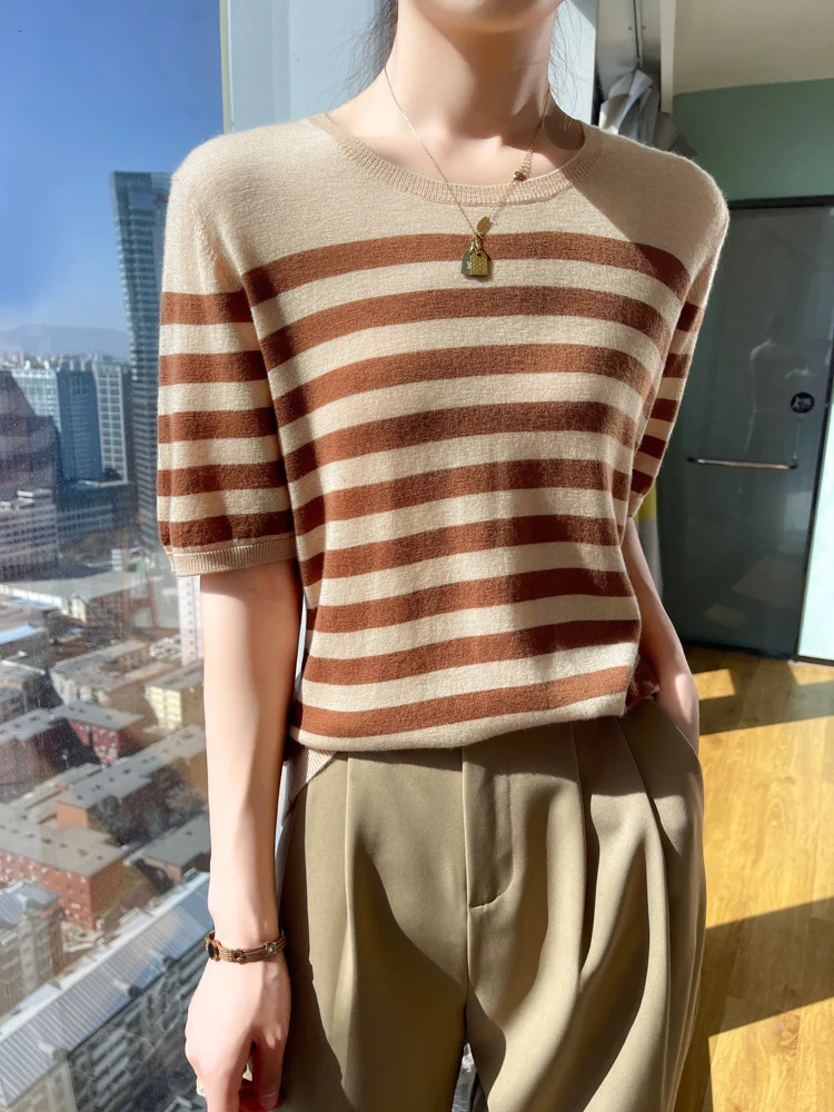 Полосатый цвет круглый вырез весна и лето новинка 80 шт. камвольная 00 из чистой