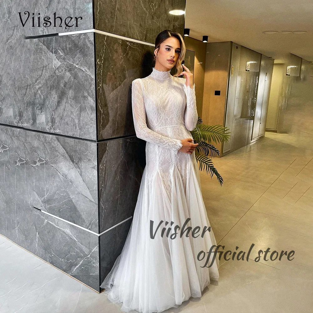 

Viisher White Lace Tulle Mermaid Wedding Dresses Long Sleeve High Neck Dubai Israel Bride Dress Luxury Women Wedding Bridal Gown