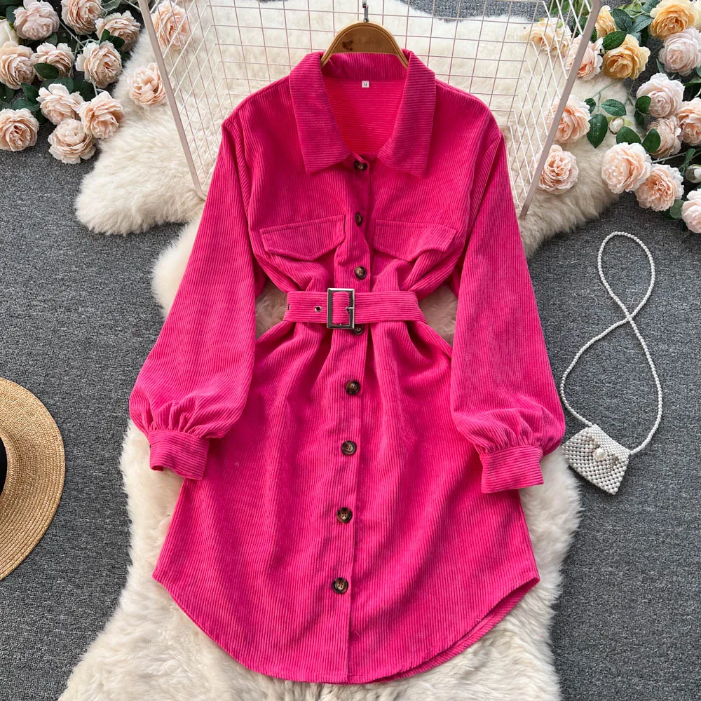 

2022 Autumn and Winter New French Retro Temperament Lapel Single-breasted Waist Long-sleeved Corduroy Dresses Tide