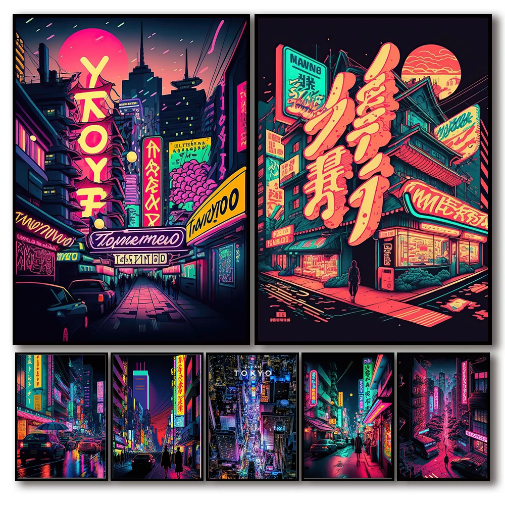 Неоновый постер в стиле киберпанк Токио 80-х годов, эстетический городской тур, красочная Ночная Печать на холсте, настенное искусство, Декор для дома, офиса, комнаты путешественника, подарок