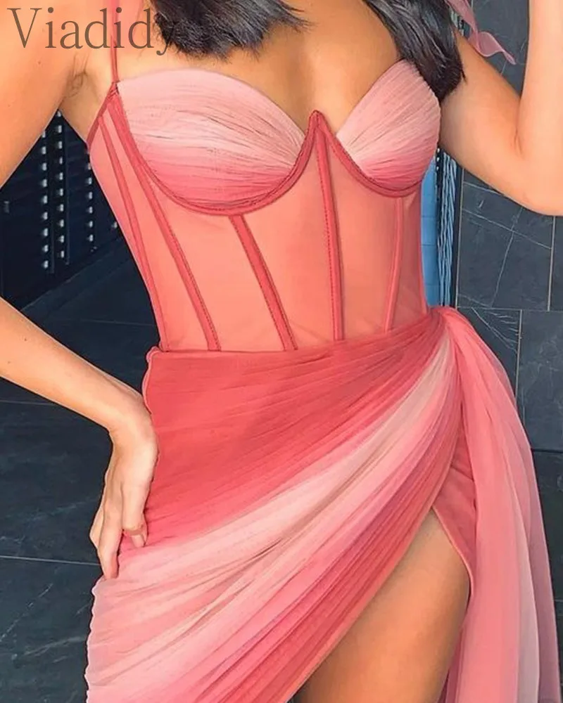

Women Sexy Spaghetti Strap Printed Mesh Slit Irregular Bodycon Dress