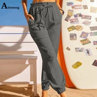 women high cut pencil pants 2022 stand pocket trouser latest casual drawstring pantalon oversize 3xl female ankle length pants