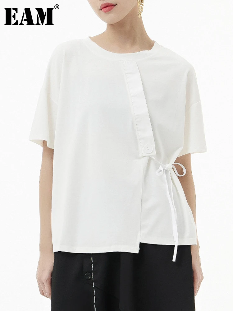 

[EAM] Women White Irregular Bandage Big Size Casual T-shirt New Round Neck Short Sleeve Fashion Tide Spring Summer 2022 1DE9706