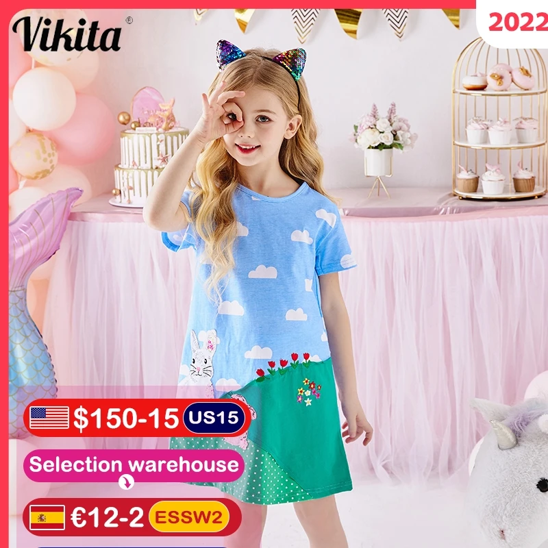 

VIKITA Girls Summer Dress Cotton Animal Appliqued Vestidos Toddlers Kids Short Sleeve Cartoon Dresses Girls Casual Clothes