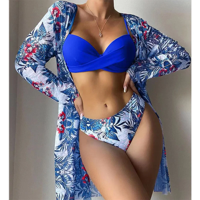 

2023 Three-piece Swimsuit Print Bikini Separate Cross Swimsuit Women Push Up Summer Pad Bra Outside Swimwear Beach Bathing Suit