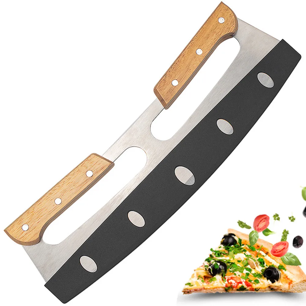 

Stainless Steel Pizza Cutter with Wooden Double Handle Pizza Divider Slicer Chopper Pastry Pasta Dough Tool For Kitchen Baking