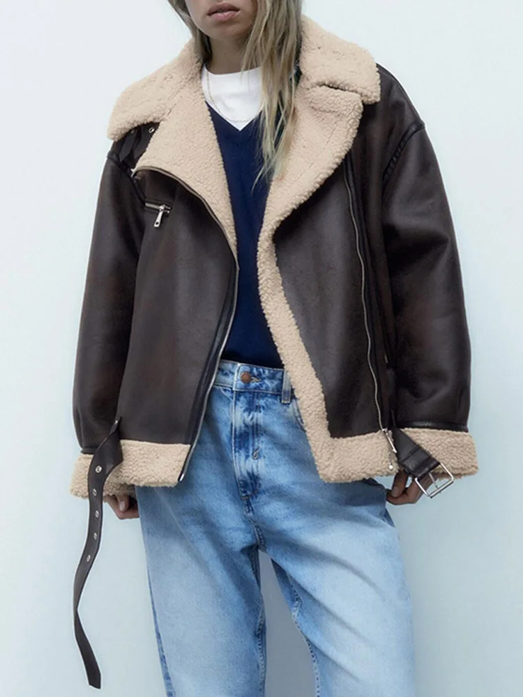 Autumn Winter Woman Faux Suede Lambswool Leather Jacket Coat Warm Long Sleeve Belt Loose Zipper Motorcycle Outerwear