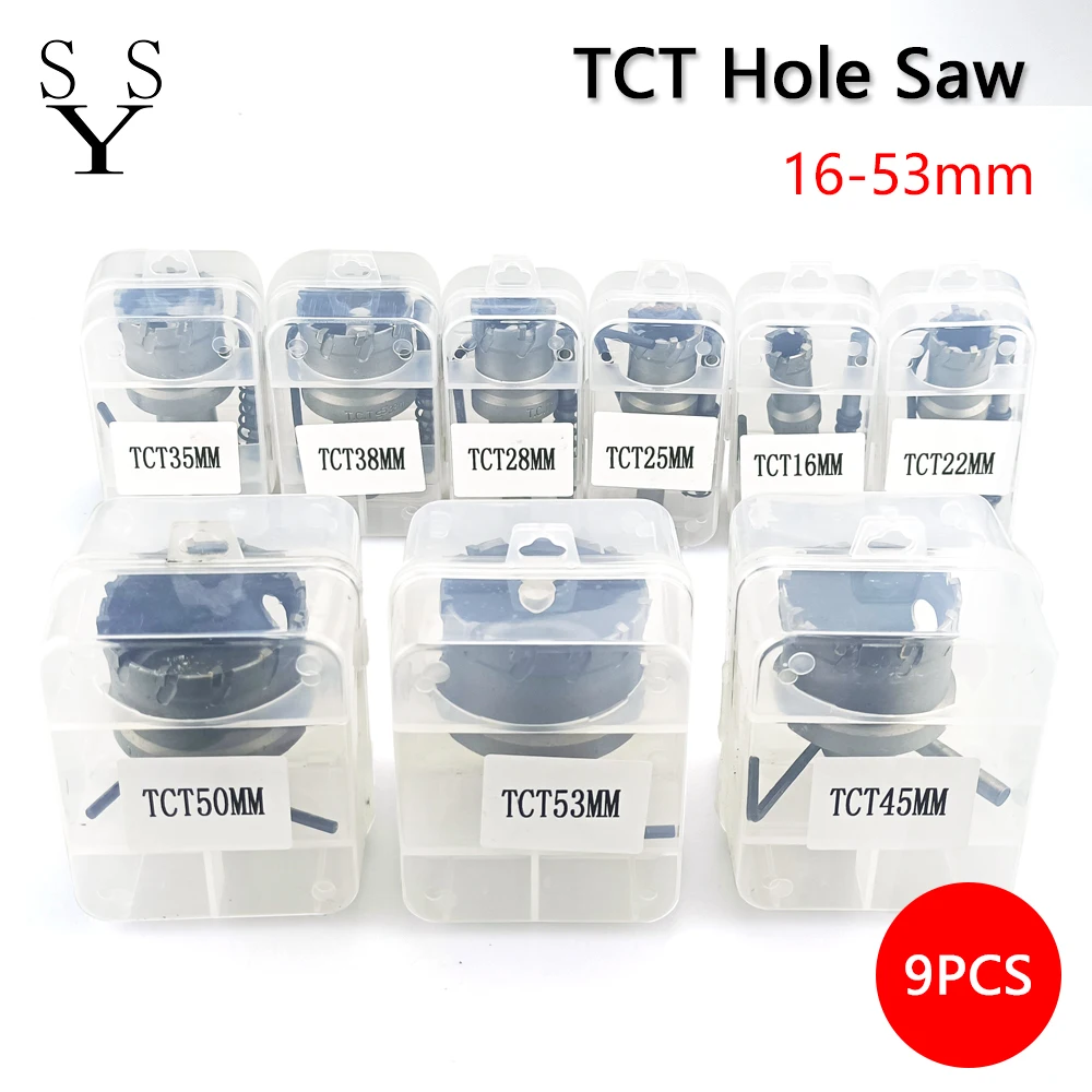 9Pcs 16-53mm TCT Hole Saw Tungsten Carbide Tip Core Drill Bit Cutter Tools Drilling crown for Metal Stainless Steel Alloy
