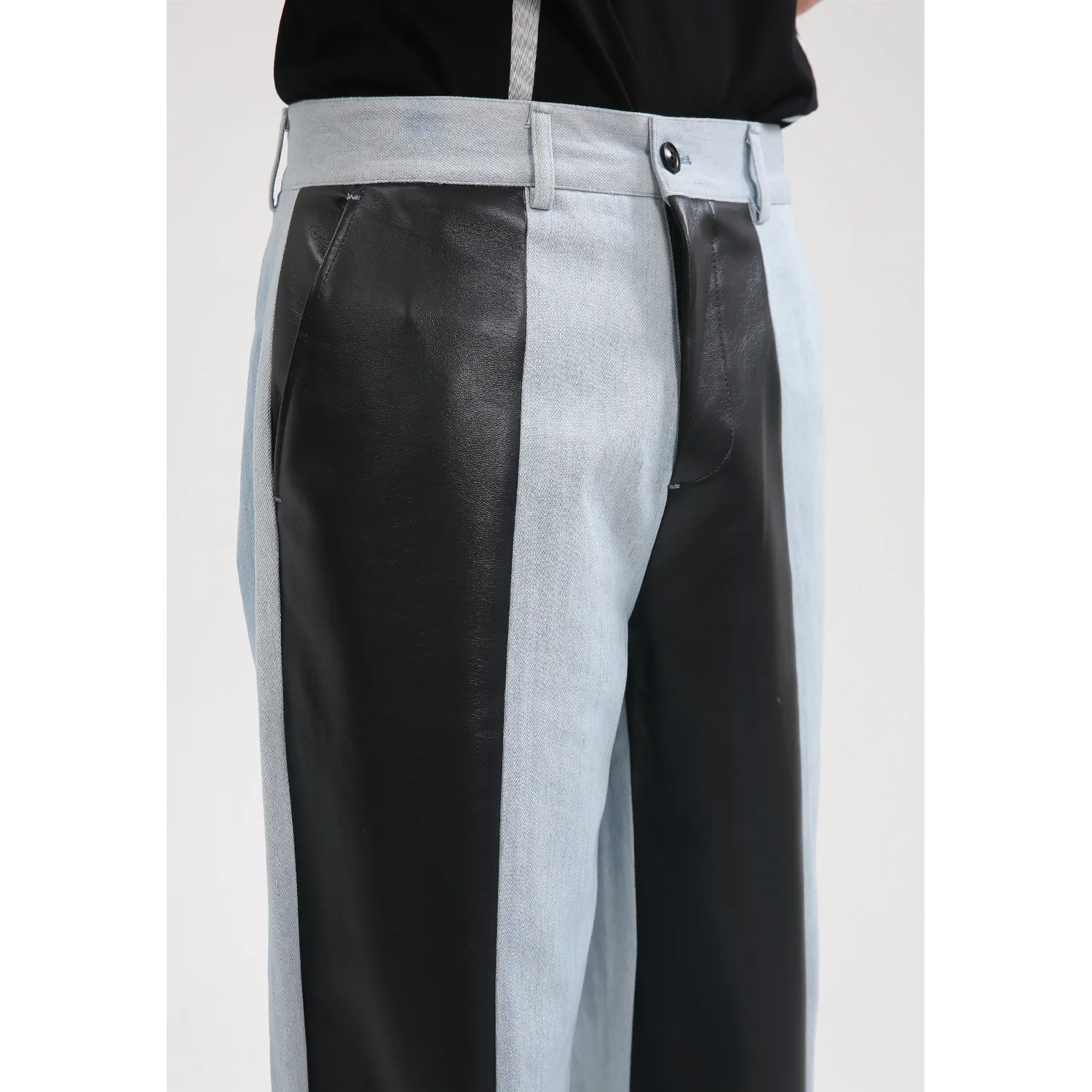 Four Seasons Men's Jeans Fashion Korean Style Leather Splicing Contrast Color Straight Casual Jeans Men's Y2k Pants Streetwear