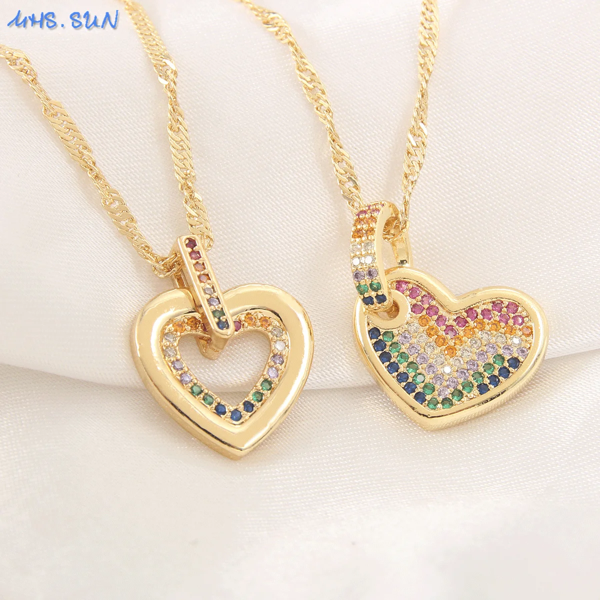 

MHS.SUN Charms Gold Plated Rainbow Colorful AAA Cubic Zircon Heart Pendant Necklaces Women Choker Chain Valentine's Day Jewelry