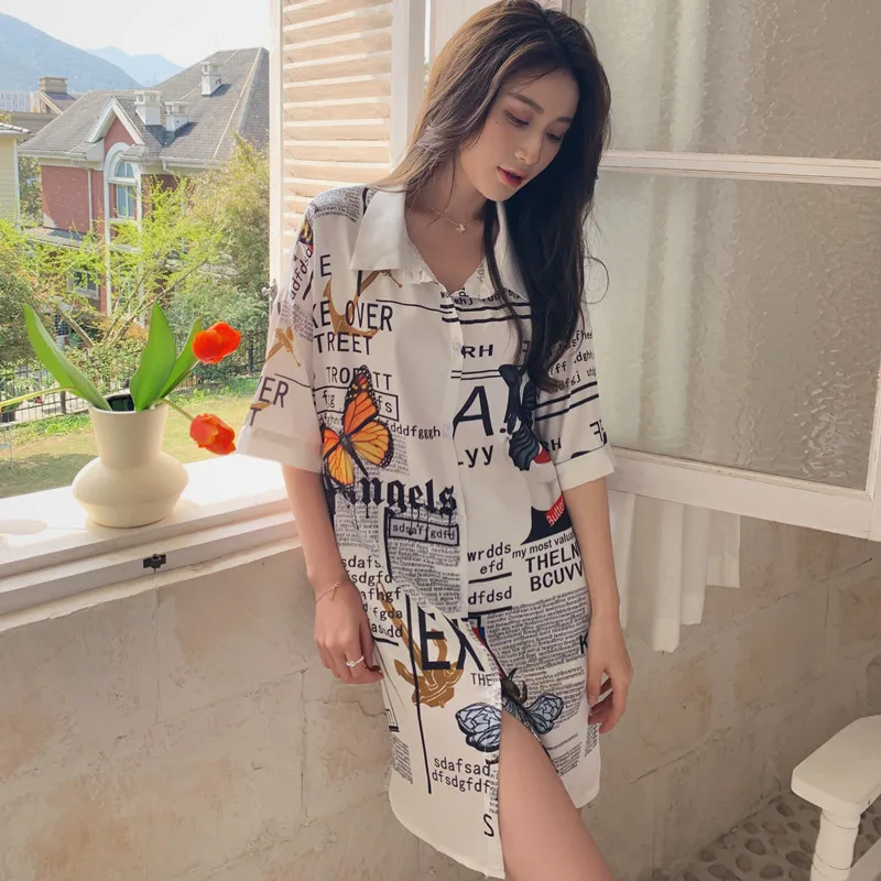 

Sleepwear Women Trendy Button-up Nightshirt Spring Boyfriend Shirt Sexy Ice Silk Female Sweet Can Wear Out Pajamas Home Clothes