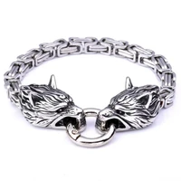 viking metal wolf head bracelet for men stainless steel byzantine link chain with spring ring clasp biker punk jewelry