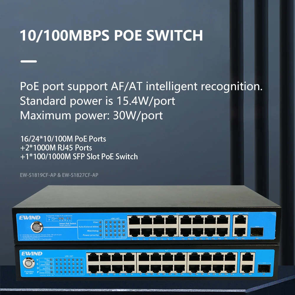 10/100M POE Switch 16/24 Ports Ethernet Switch with 2 RJ45 Uplink Port Network Switch for IP Camera/Wireless AP AI Smart Switch