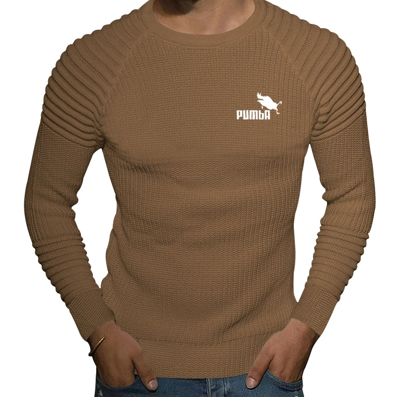 Autumn and Winter New Men's Slim Fit Knitted Sweater Round Neck Solid Color Panel Shoulder Folding Bottom Fashion Top