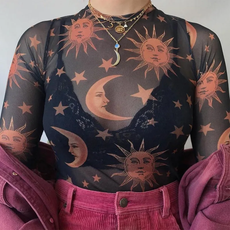 

Sun Moon Printed Transparent Mesh Sexy T-Shirt Women O-Neck Long Sleeve Slim Basic Casual Female Tops 2021 Spring New Harajuku