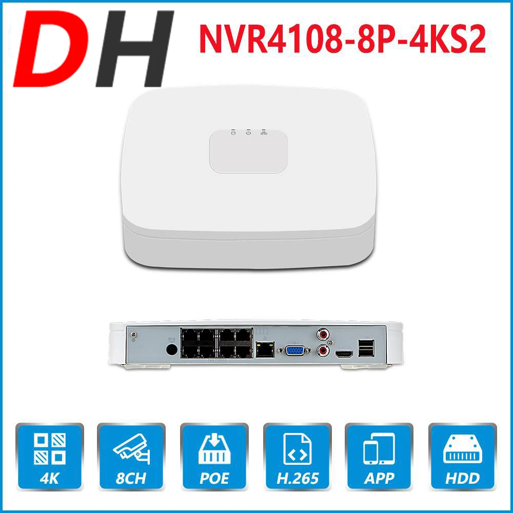 Dahua English Original 4K POE NVR NVR4108-8P-4KS2 With 8ch PoE h.265 Video Recorder Support  2.4 SDK CGI with logo