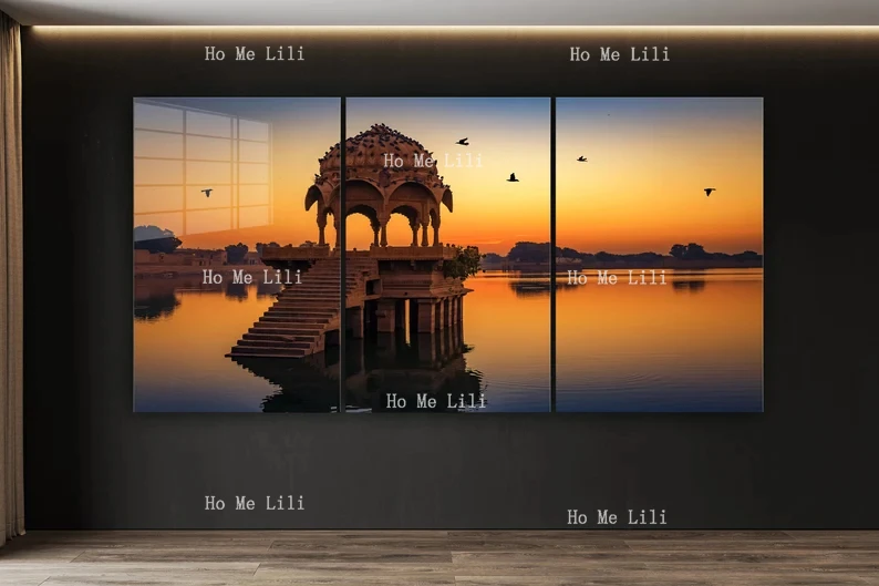 Pavilions And Flying Geese At Sunset 3 Pieces Wall Art Hangings Housewarming Gift Christmas