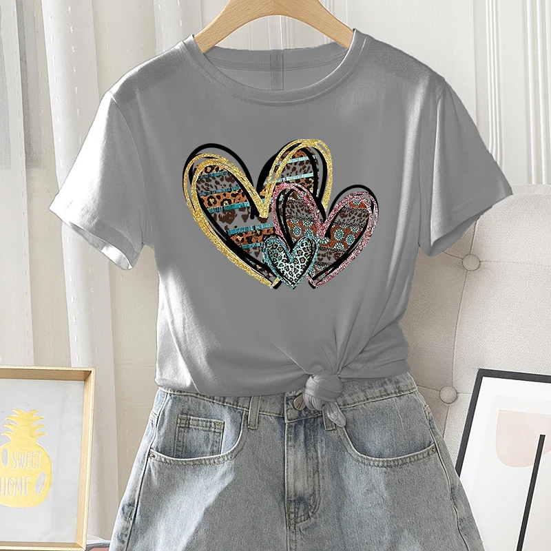 

Summer Casual Graphic Women Daily Short Sleeve Female Regular 100% Cotton T Shirt Heart Leopard Print Ladies Round Neck Tee Tops