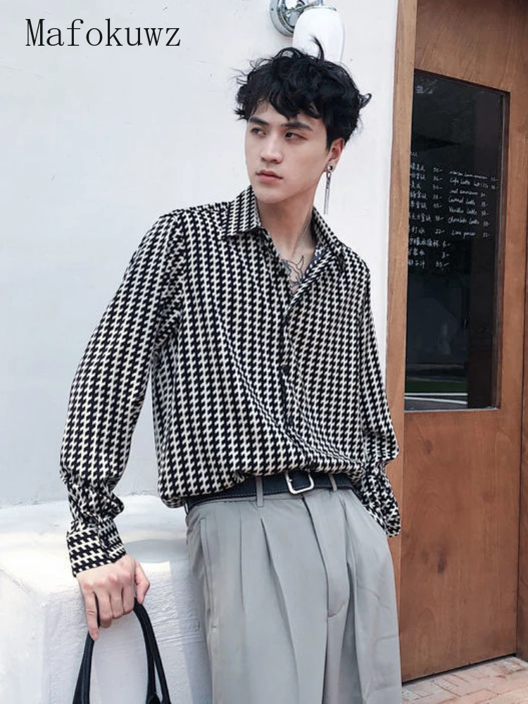 

Костюм Mafokuwz 2022SS мужской с принтом, рубашка с длинным рукавом, модная красивая клетчатая рубашка черного и белого цветов и черные брюки, в Кор...