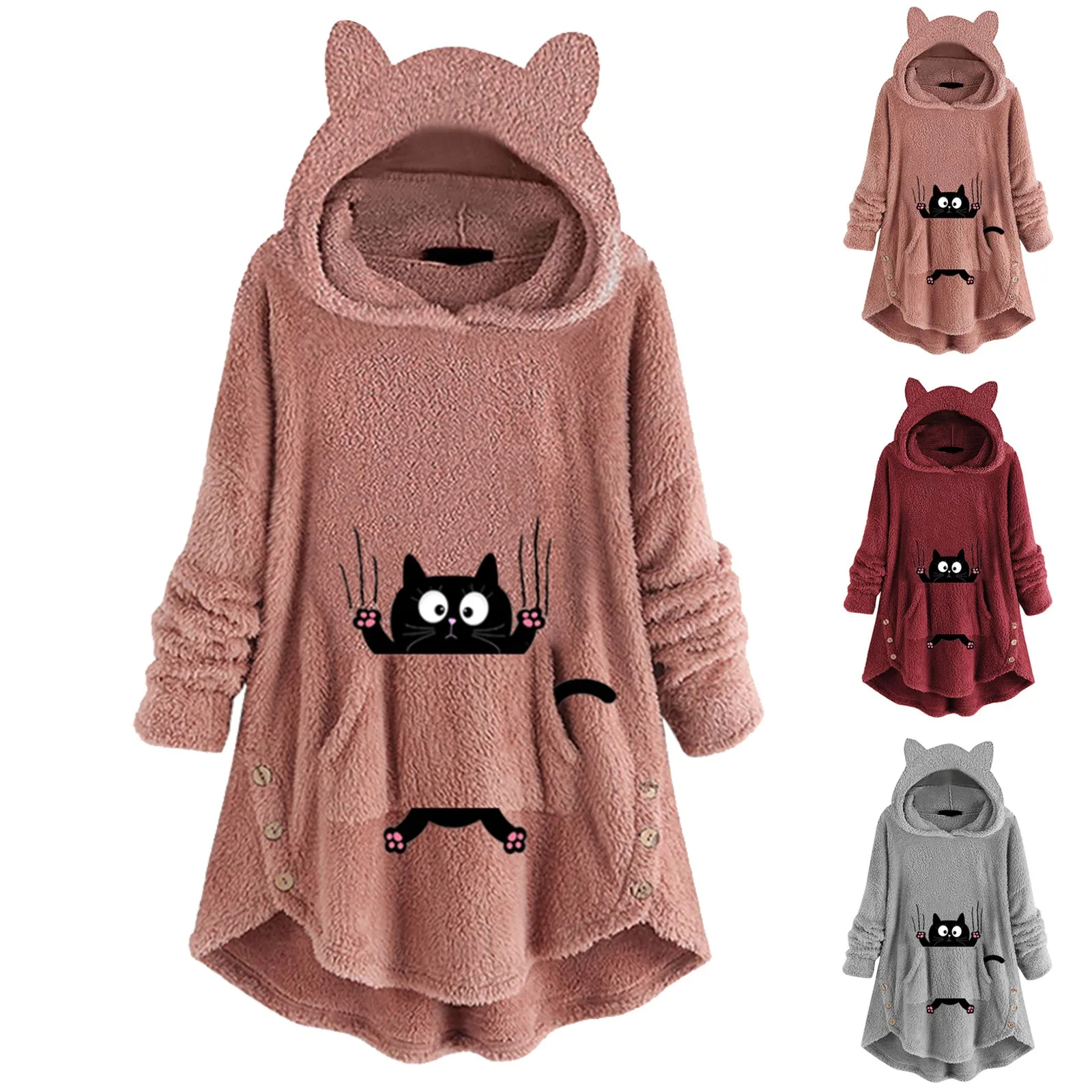 

Свитер с длинным рукавом, боди, Женская Толстовка С Карманами и кошачьими ушками, Модный женский пуловер с капюшоном, свитшот, зимние длинны...