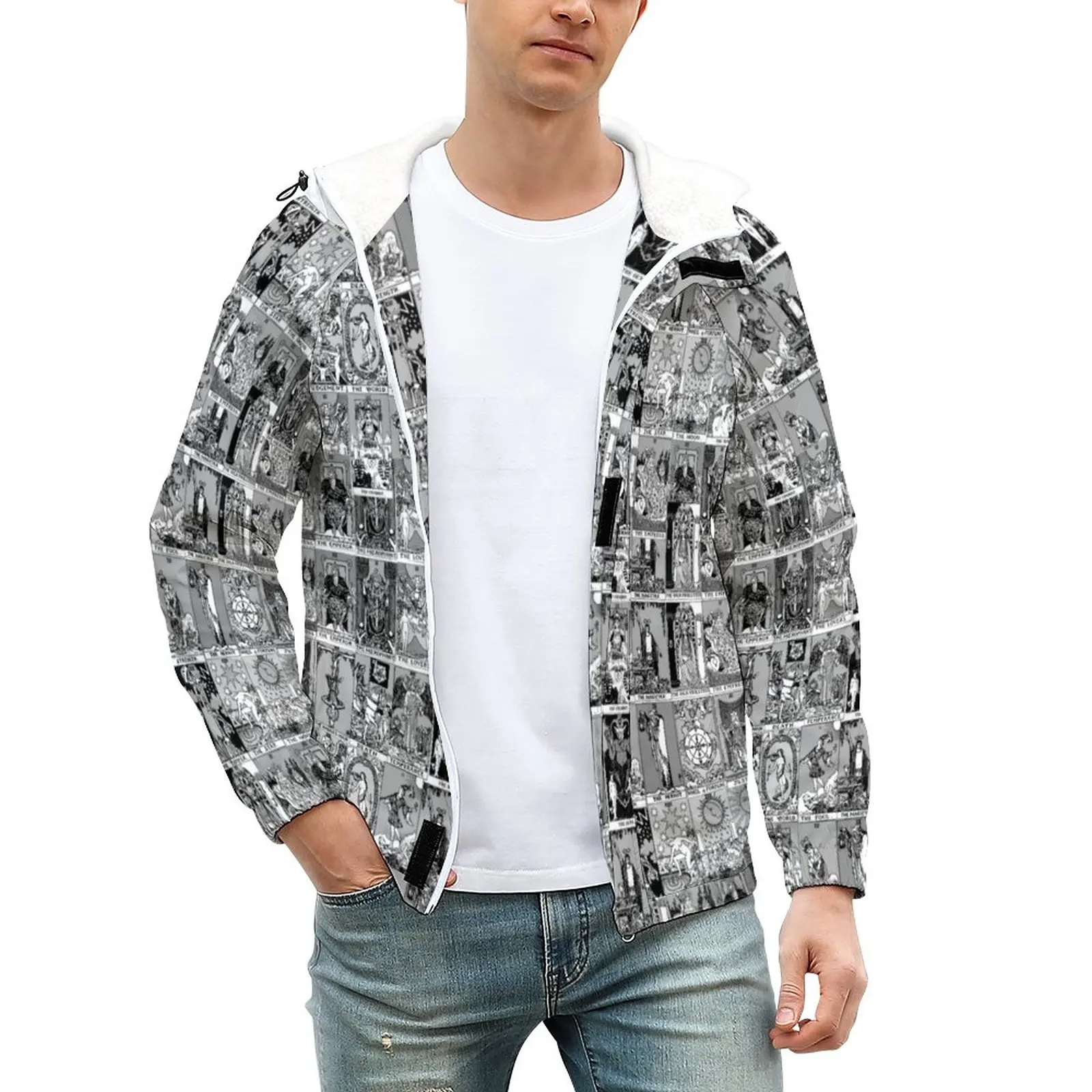 

Серые толстые куртки с принтом Таро, Непродуваемые зимние пальто основных Аркана, кавайная повседневная куртка, индивидуальная верхняя оде...