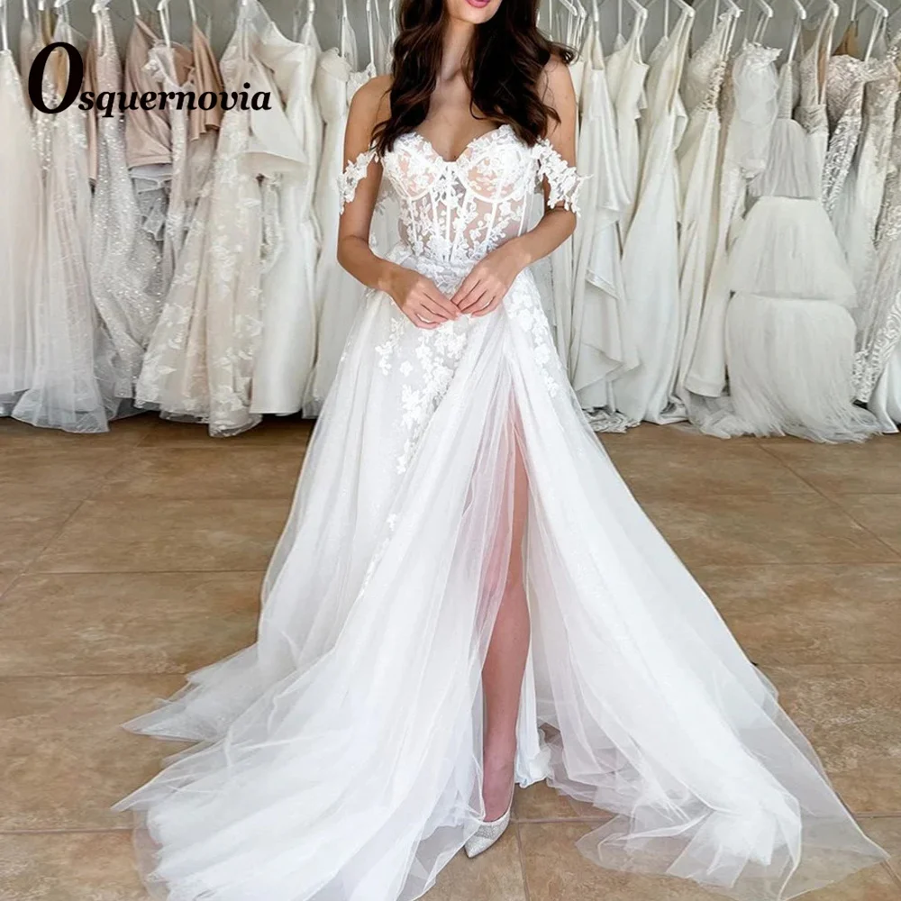 

Osquernovia Gorgeous Slit A-line Wedding Dresses 2023 Sweetheart Appliques Backless Off The Shoulder Abito Da Sposa Personalised